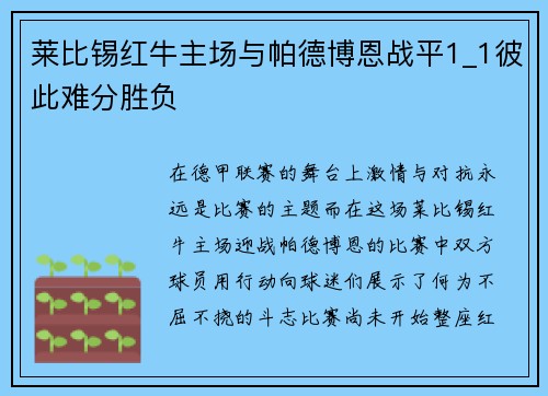 莱比锡红牛主场与帕德博恩战平1_1彼此难分胜负