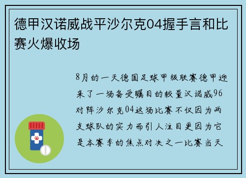 德甲汉诺威战平沙尔克04握手言和比赛火爆收场
